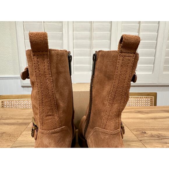 Michael Kors Perry Suede Moto Boots Luggage Camel Size 8 NWOB Chic Edgy Lug Sole - Picture 11 of 14